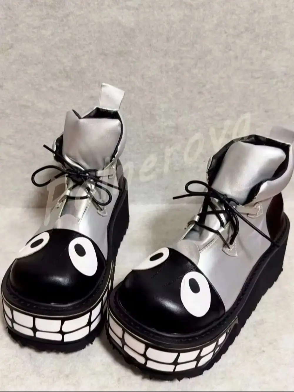 Cartoon Monster Face Platform Ankle Boots Funny Teeth Eye Lace Up Round Toe Wedge Booties Y2K Lovely Cool Gothic Women Shoes