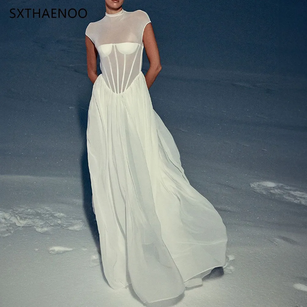 SXTHAENOO Romantico etereo Collo alto Ispirato da sposa Abito lungo bianco trasparente Abito da sera per festa di nozze Abiti 2025