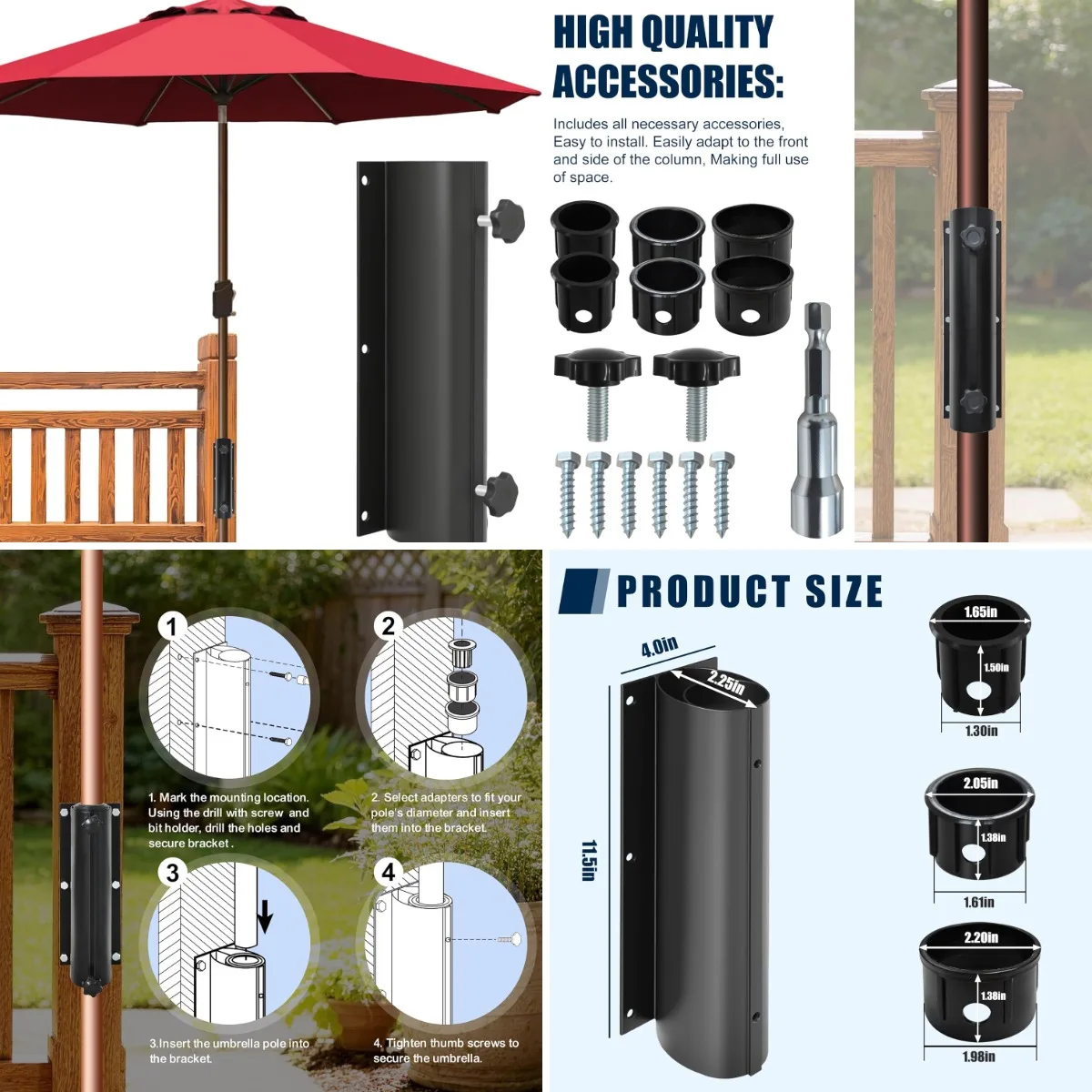 

USA Full Non-Rust Deck Umbrella Mount, Heavy Duty Metal Patio Umbrella Base Stand, Outdoor Umbrella Holder for Deck Railing, Bla
