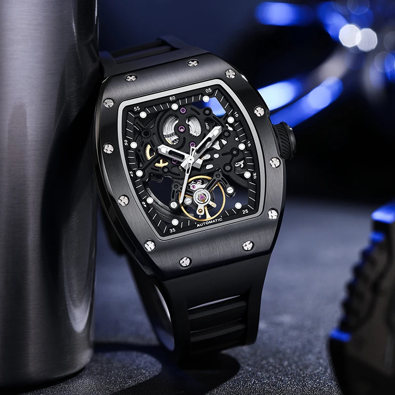 

CHANCE JC-9-190G-12 Carbon Fiber Luxury Hollow Dial Automatic Watches Waterproof Luminous Silicone Strap Men Mechanical Watch