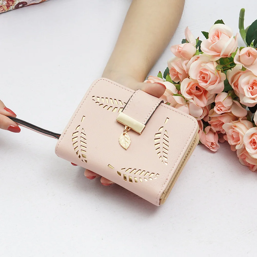 Short Wallet For Women Mini Purse Small Zipper Wallet With Id Window Multiple Card Slots Hollow Design Buckle Style Pink