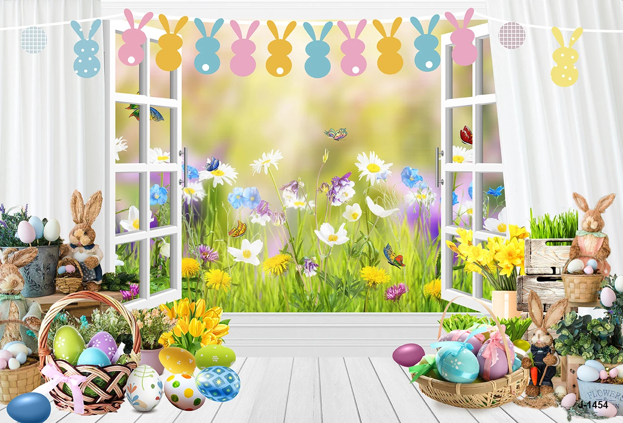 Backyard Grassland Rabbit Bunny Happy Easter Spring Backdrops Photographic Supplies Window Natural Scenic Eggs Floral Background