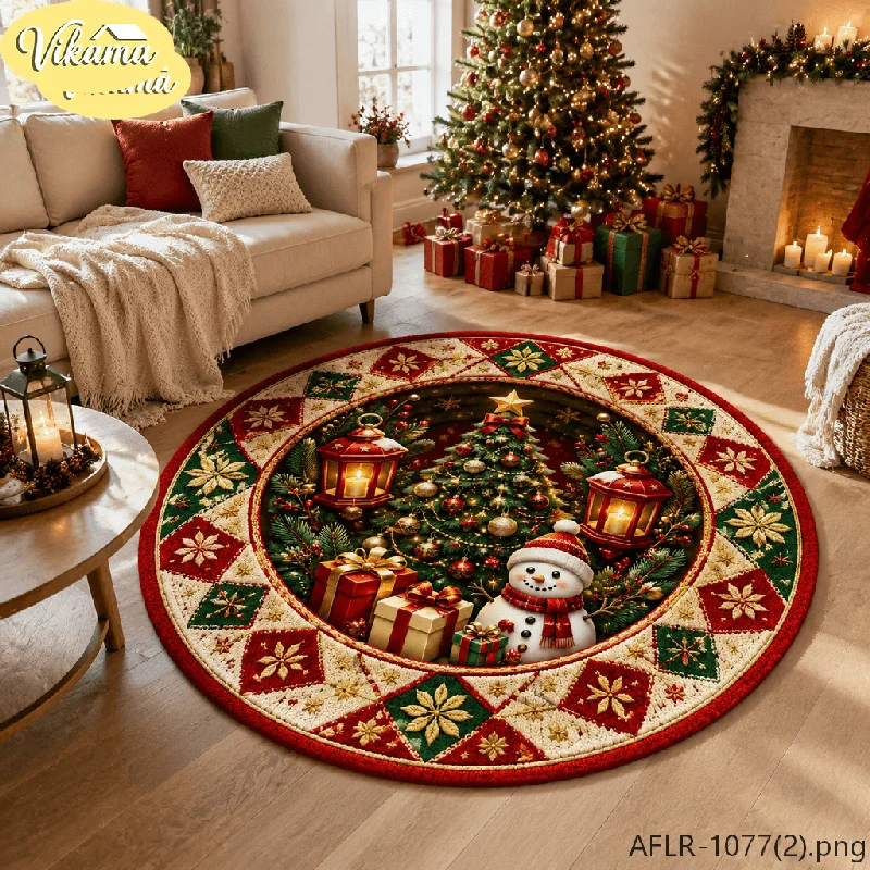 VIKAMA Christmas Panda Round Rug Quilted Print Round Non Slip Mat For Living Room Bedroom Kids Room Holiday Cute Animal Decor