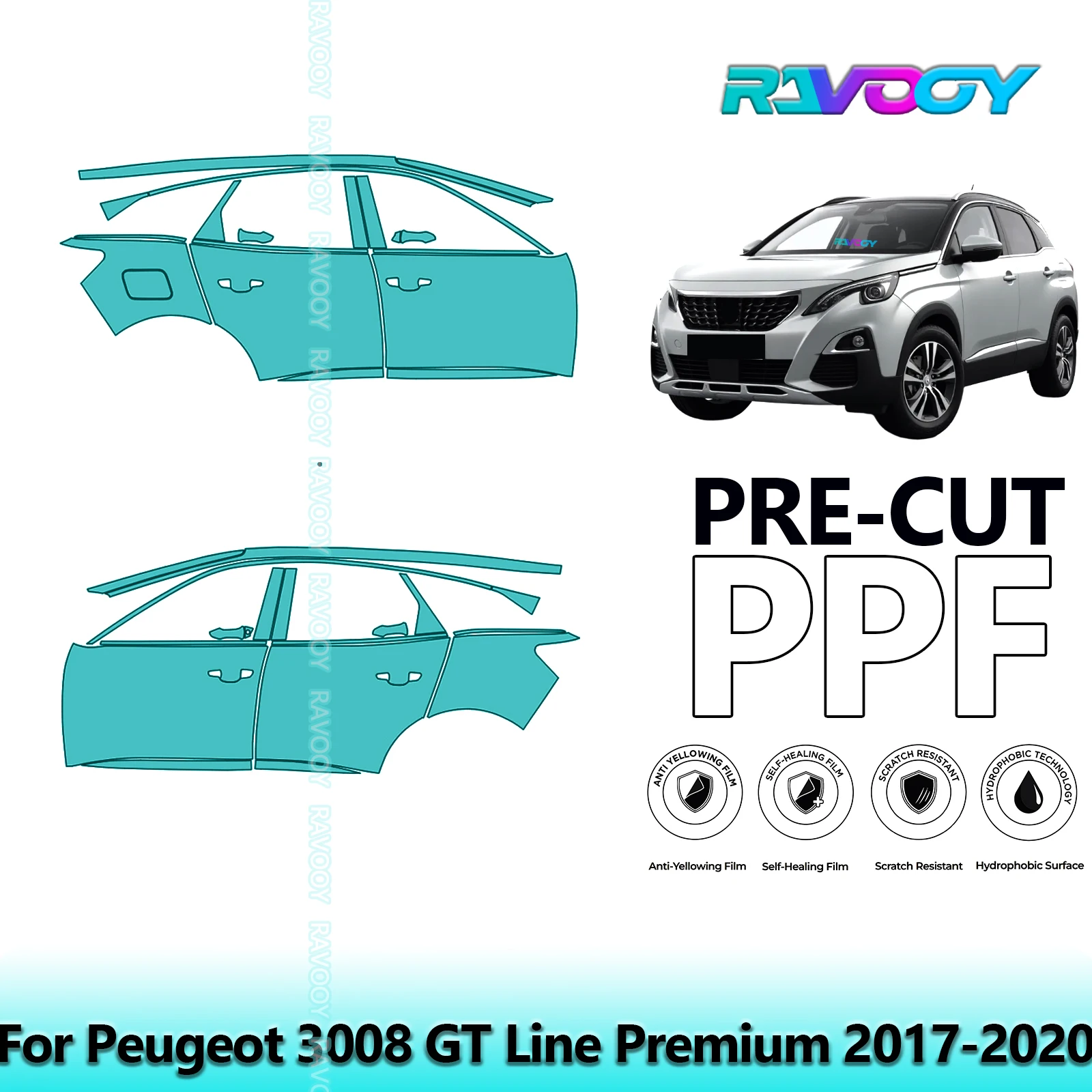 

For Peugeot 3008 GT Line Premium 2017-2020 8.5mil Clear Matte Pre-Cut PPF Door & A/B Pillar Kit TPU Paint Protection Film Set