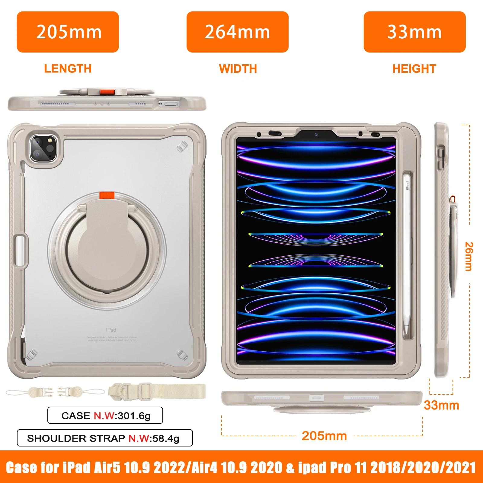 For iPad Air 11 2024 Air4/5 10.9 inch Pro11 2021 2020 2018 Kid safe Shockproof PC+TPU material 360 degree rotating strap cover