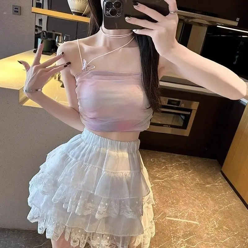 Mini saias femininas retalhos doce renda lolita kawaii bonito fada estilo francês a linha de cintura alta streetwear verão moda chique