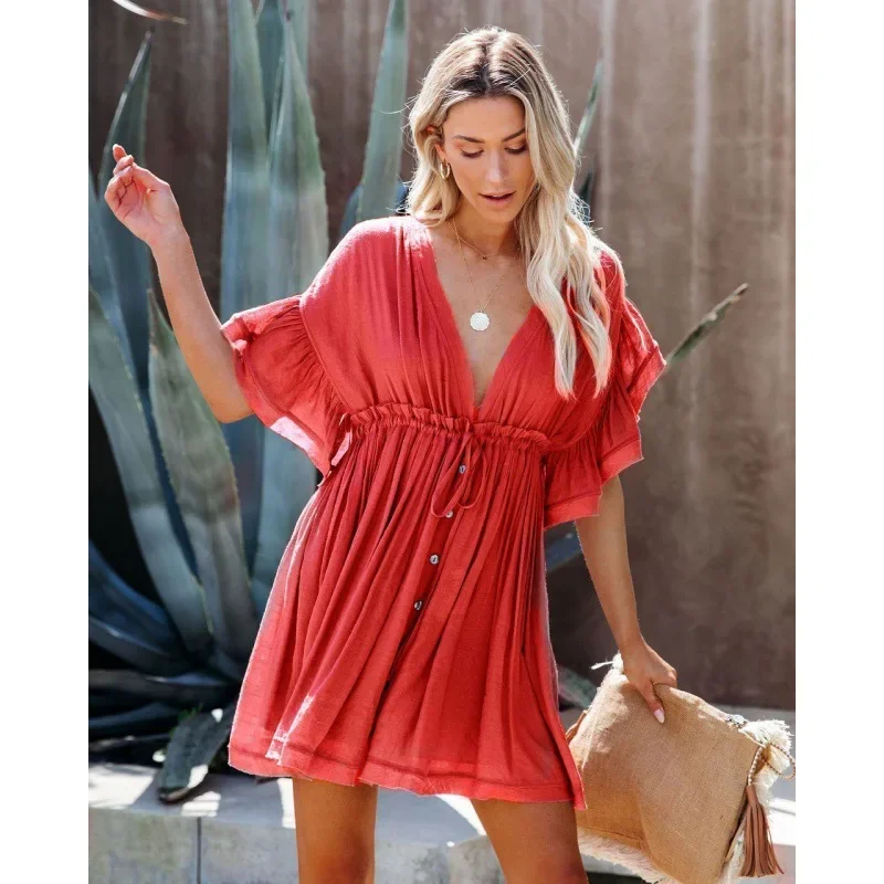 

2025 New Summer White V Neck Beach Dress Ruffles Solid Dresses Women Beachwear Bandeau Mini Dress Clothing for Women