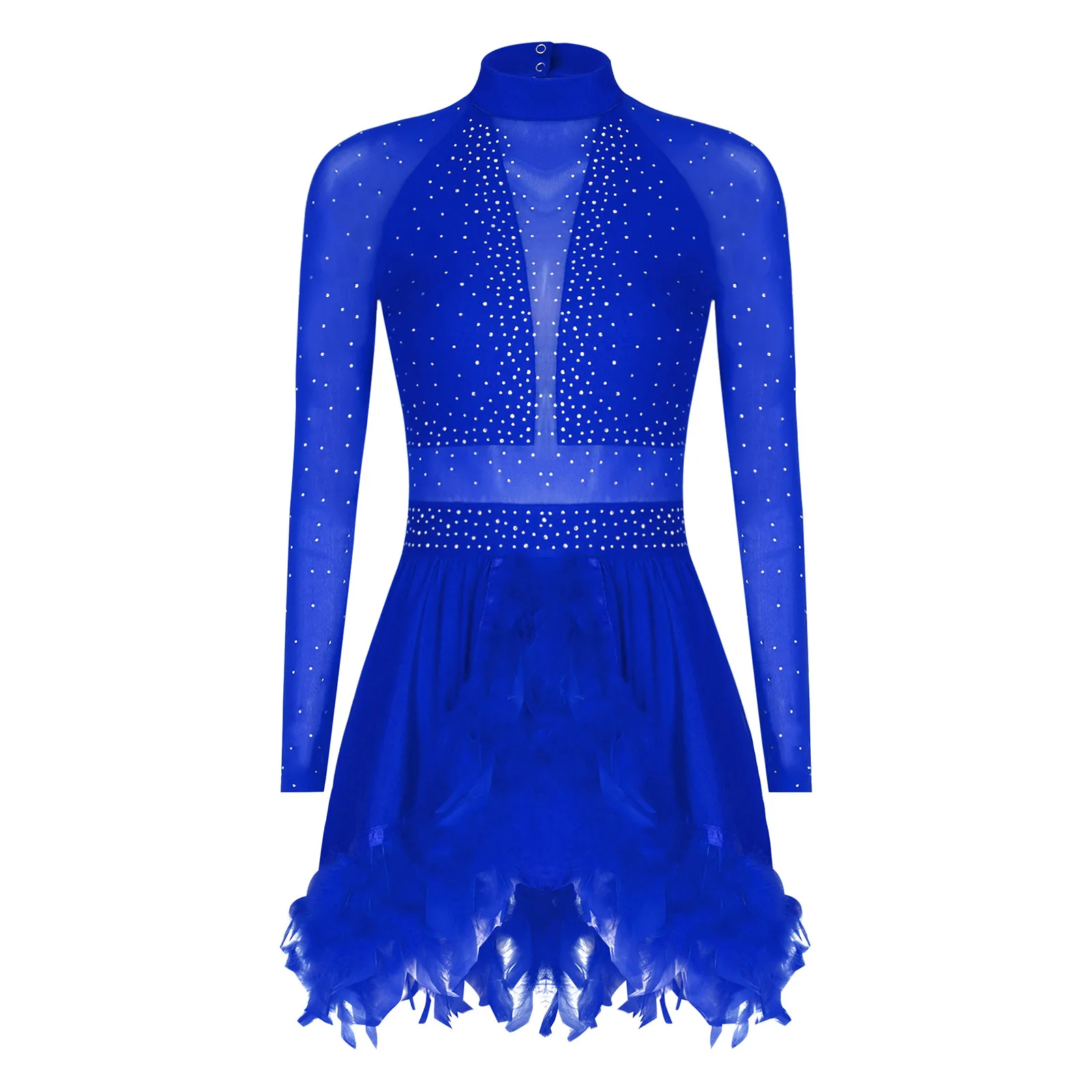 

Women Latin Jazz Dance Dress Tango Leotards Samba Rumba Dancewear Rhinestones Sheer Mesh Long Sleeve Back Cut Feather Hem Dress