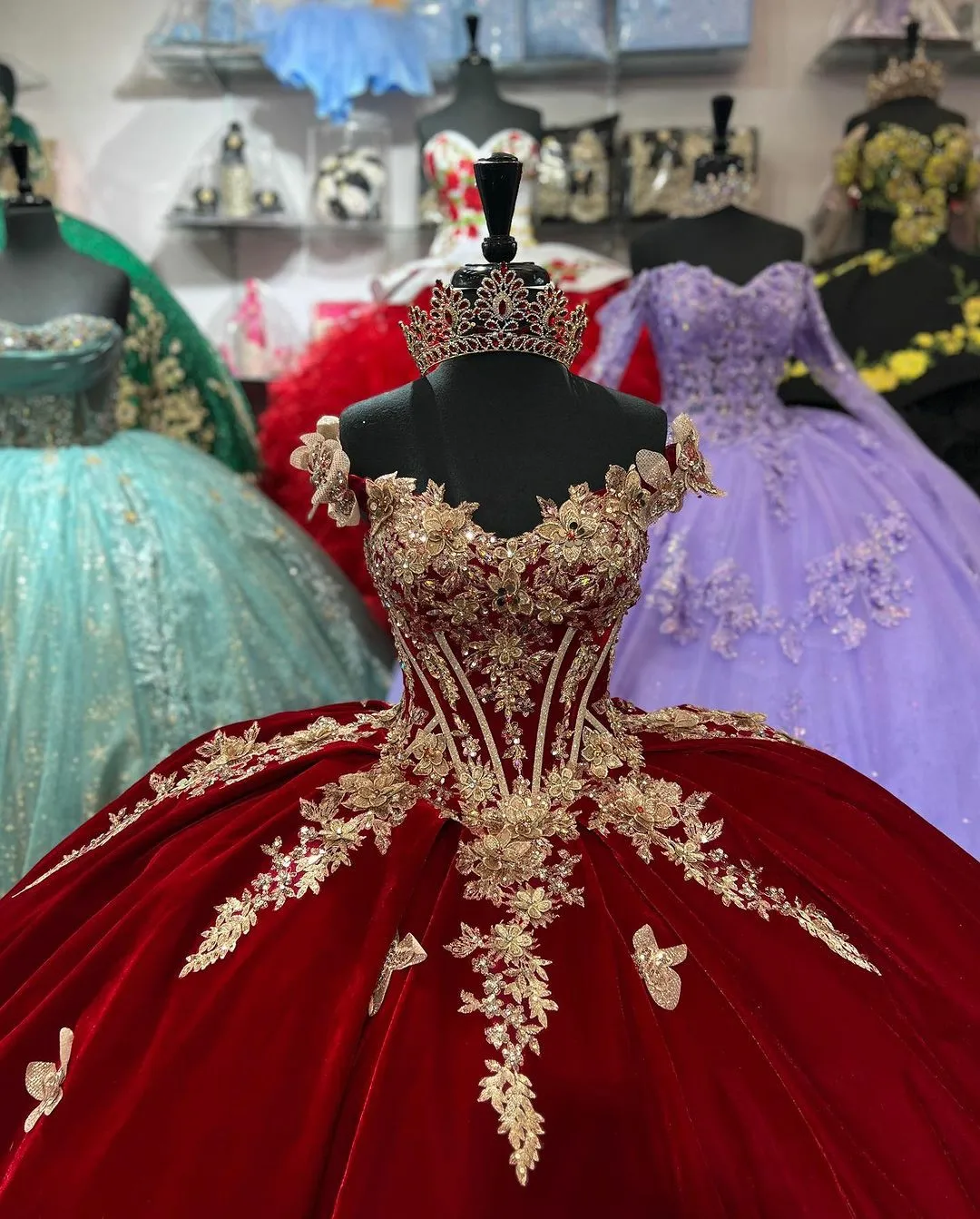 Mexican Wine Red Velvet and Rose Gold 3D Flowers and Butterflies Quinceanera Dress Off Shoulder Charro Ball Gown with Cape