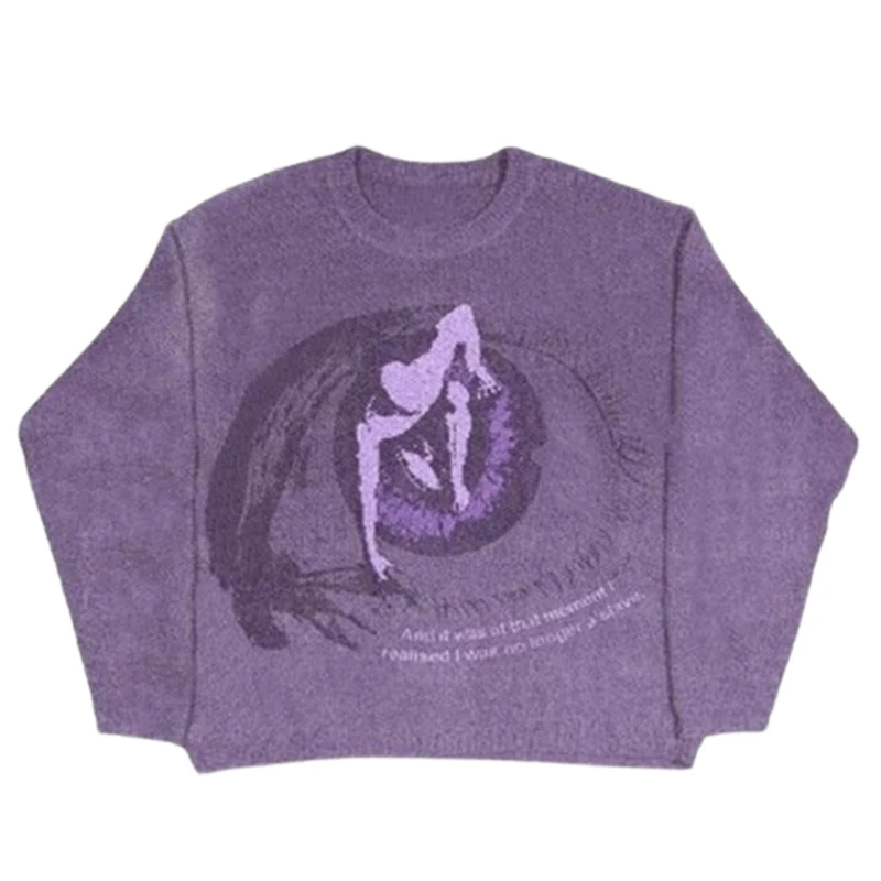 Y2k Knitted Sweater Eye Graphic Mens Women Cotton Sweaters Top Vintage Loose Purple Pullovers Casual Harajuku Autumn Knitwear