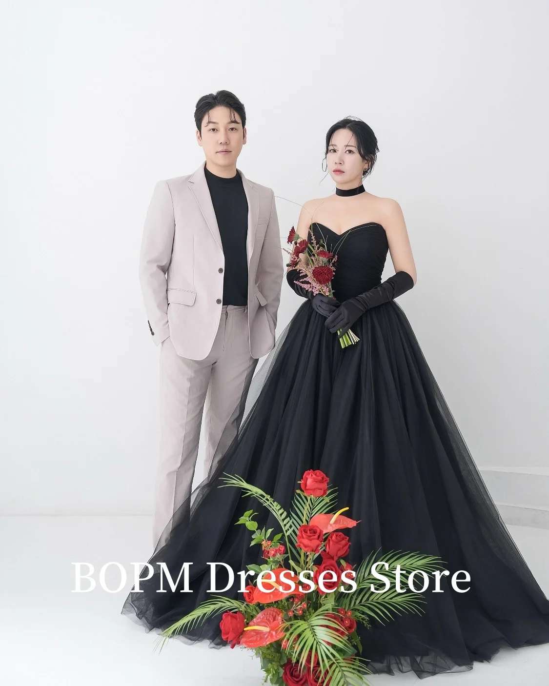 

BOMP Black Tulle Evening Dresses Korea Wedding Photo shoot Sweetheart Floor Length Prom Gowns Gloves Formal Party Customized