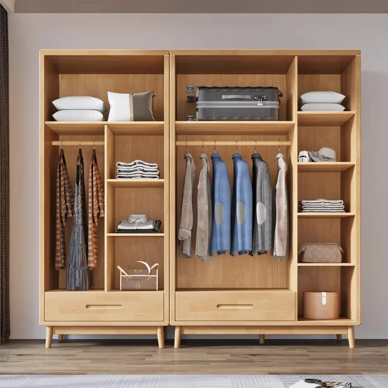Solid wood rattan wardrobe cabinet three doors with drawers wardrobe small apartment bedroom assembly