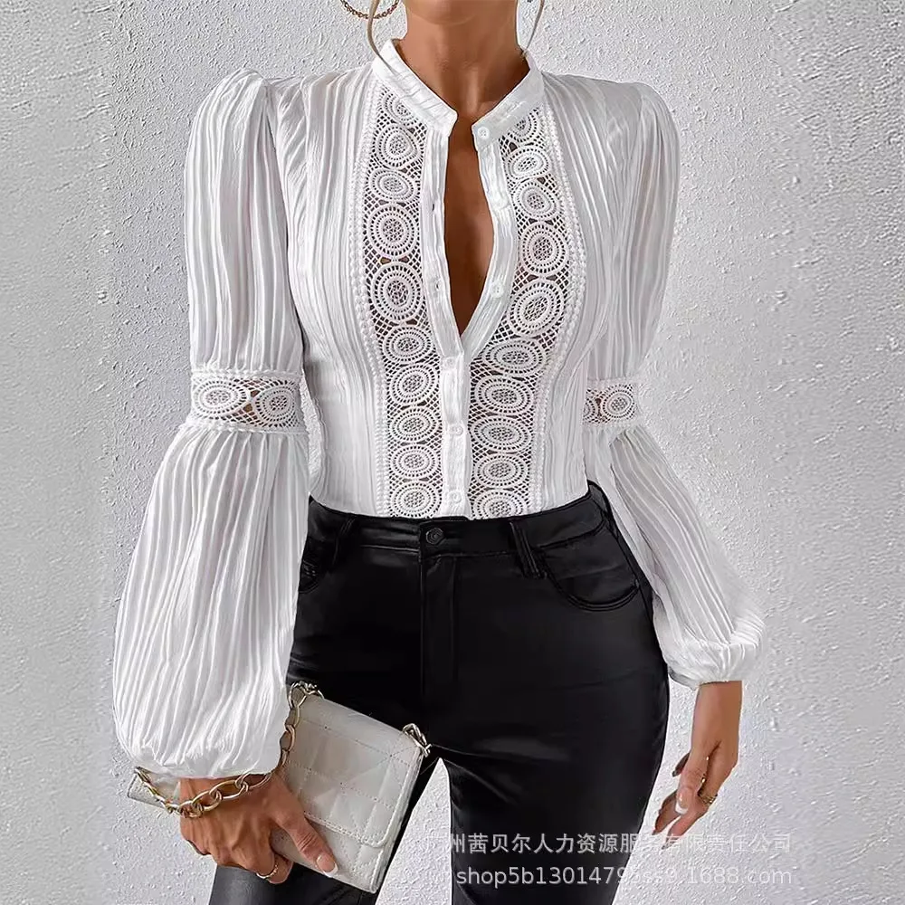 

Mandylandy Lace Stitching Shirt Tops Women Solid Color Casual Fabric Long Sleeve Shirts Top Summer Fashion Slim Fits Shirts