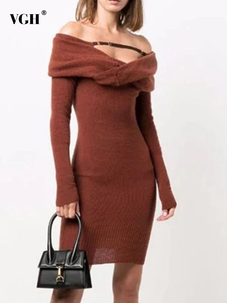 VGH Off Shoulder Slash Neck Long Sleeve Dress For Women High Waist Knitting Skinny Solid Minimalist Mini Dresses Female Clothing