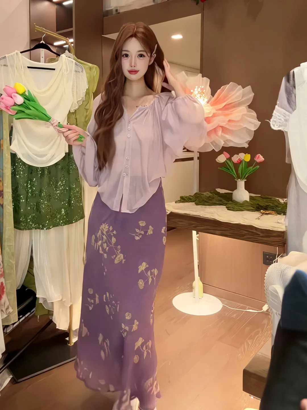 plus Size Women's Korean Style Vacation Lantern Sleeve Open Cardigan Top Floral Print Drapey Skirt Two Piece Set Autumn New