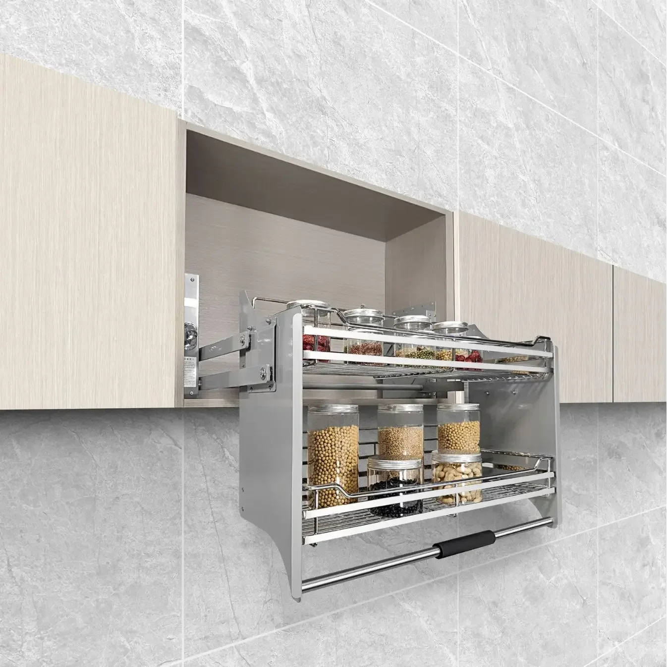 Kitchen hanging cabinet, lifting and pulling basket, cabinet up and down, damping and buffering, door opening seasoning