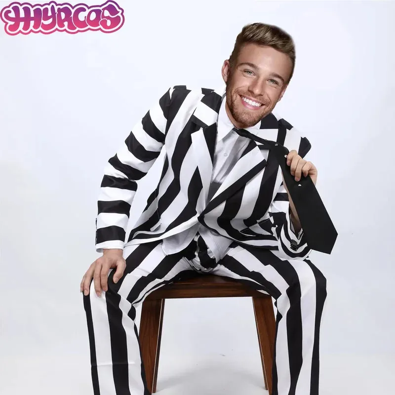 

Anime Beetle Black White Striped Cosplay Costume Suit Blazer Juice Halloween Horror Movie Outfit Jacket Tie Shirt For Men Women