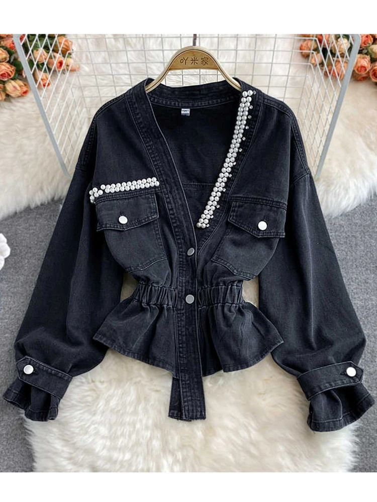 Fall 2026 New Retro Denim Jacket Coat Female Temperament V-neck Single-breasted Beaded Waist Slim Jacket Top KK1333