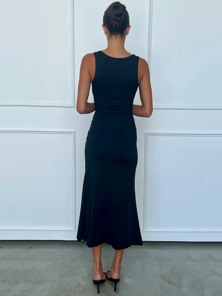 JULISSA MO Sexy Deep V-neck Metal Button Women Maxi Dress Black Sleeveless High Waist Dress Female Summer Slim Elegant Beachwear