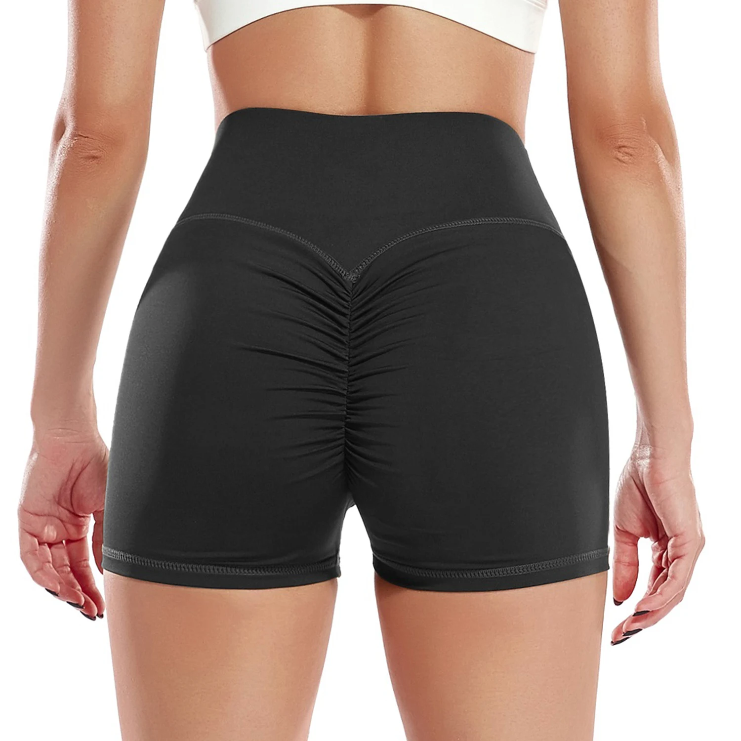 Shorts sem emenda do ioga com v para trás para mulheres, leggings do exercício, gym, motociclista, bunda, controle da barriga, leggings ativos