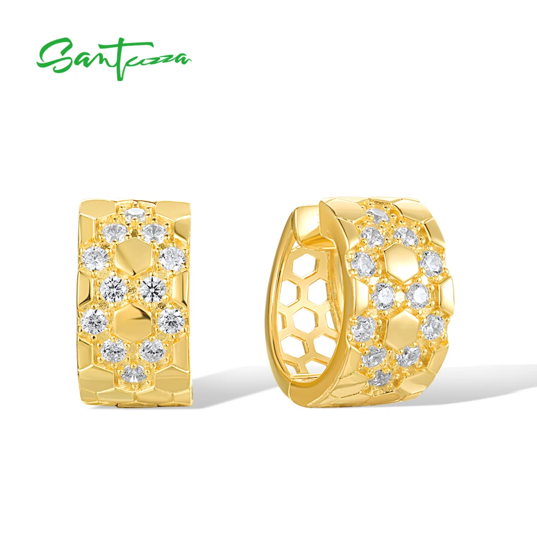 

Серьги-кольца SANTUZZA из стерлингового серебра 925 пробы для женщин, сверкающие белые серьги с кубическим цирконием в форме шестиугольника, ювелирные изделия для повседневного ношения
