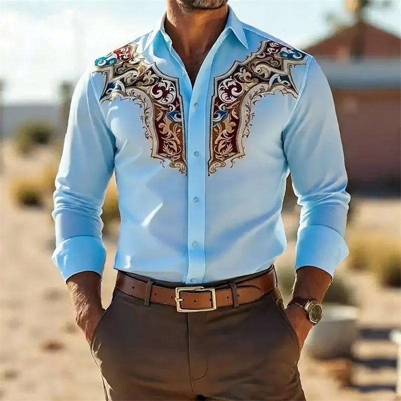 Men's Retro Fashion Printed Long-Sleeve Shirt  Western Cowboy Style  Slim Fit Casual Shirt  Comfortable Fabric  Sizes