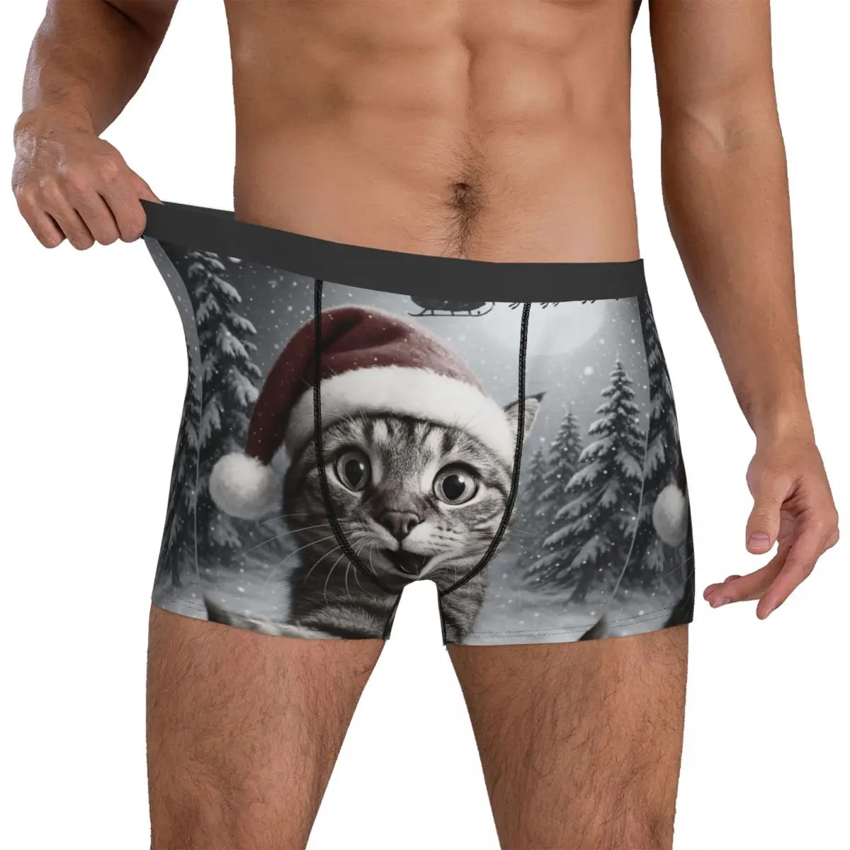 

Funny Cat Selfie With Santa Claus Christmas Underwear Male Shorts Briefs Breathable Boxer Shorts Trenky Plus Size Underpants
