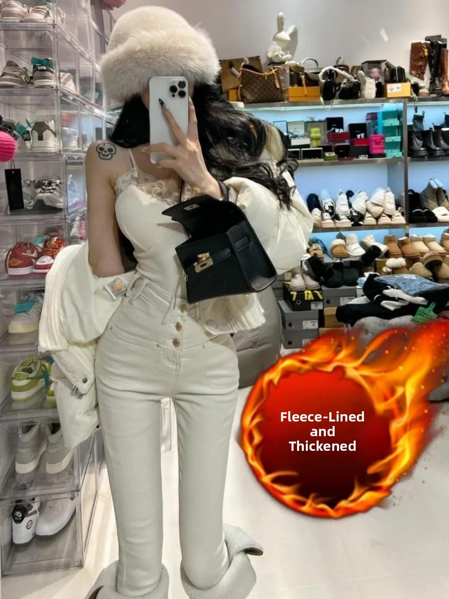 

Faionable Fce Lined Thi Bootcut Jeans High Waist Nine Pointed Slimming Pencil Jeans Tee Buttoned Korean Sle Autumn...