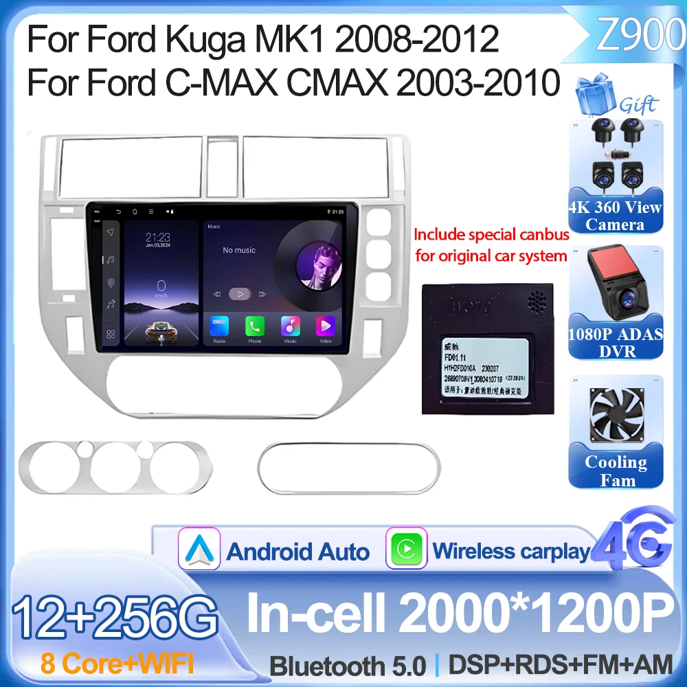 Android 16 Voor Ford Kuga MK1 2008-2012 Voor Ford C-MAX CMAX 2003-2010 Autoradio GPS 2 k Scherm Carplay 4G Wifi Stereo Video DSP BT