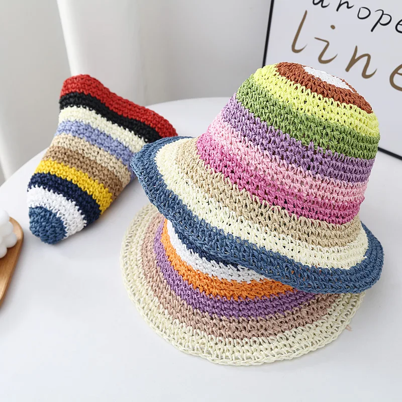 New Popular Summer Beach Bucket Hat Cap For Women Crochet Straw Rainbow Spring Fish Hat Outdoor Female Lady Gift Wholesales