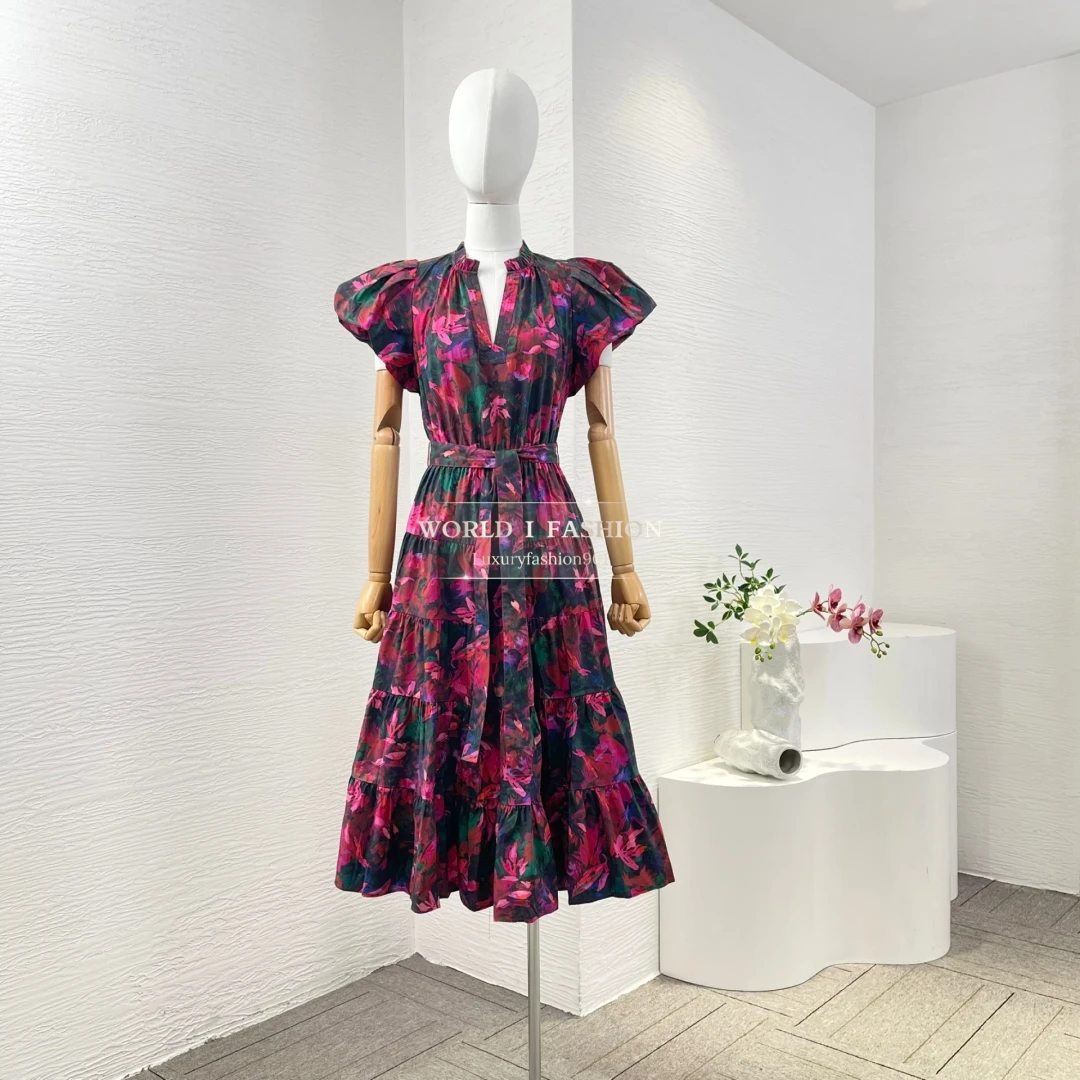 

Woman Clothes Plum Red Short Sleeve Floral Print Midi Dress