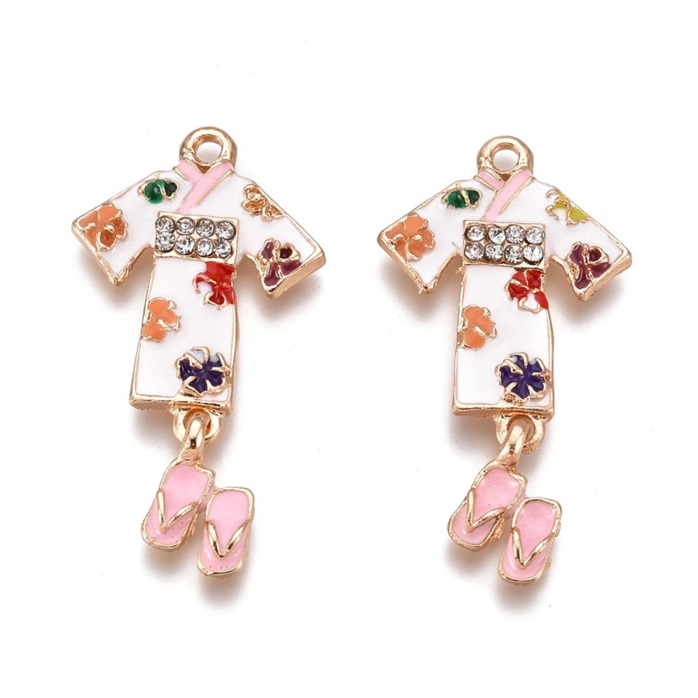 10pcs Enamel Kimono Charms with Sandal Alloy Rhinestone Japanese Style Clothes Pendant for DIY Bracelet Necklace Jewelry Making