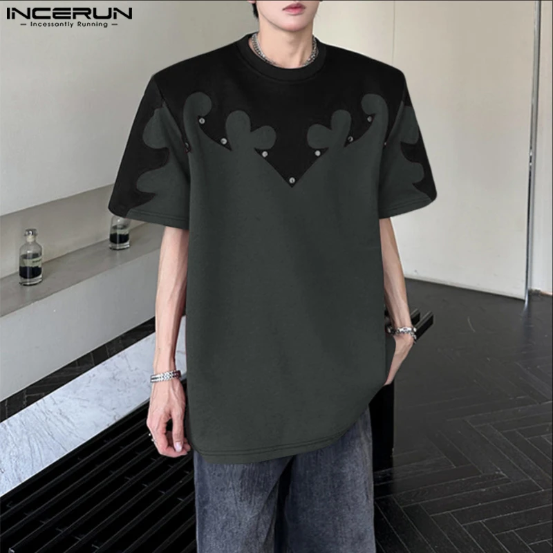 

INCERUN Men T Shirt Printing Patchwork O-neck Short Sleeve Casual Male Tee Tops Streetwear Loose Korean Style Men Clothing S-5XL