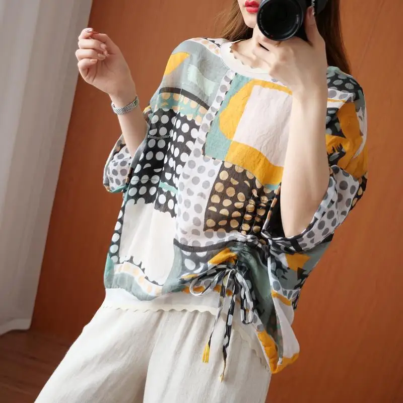 Street Fashion Polka Dot Color Spliced Blouse Woman 2023 Summer New Casual O-Neck Half Sleeve Loose Oversized Shirring Shirts