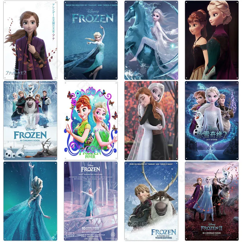 Disney Metal Signs Frozen Ice Queen Elsa Anna Metal Poster Classic Animated Film Tin Sign Plate Wall Art Stickers Home Decor