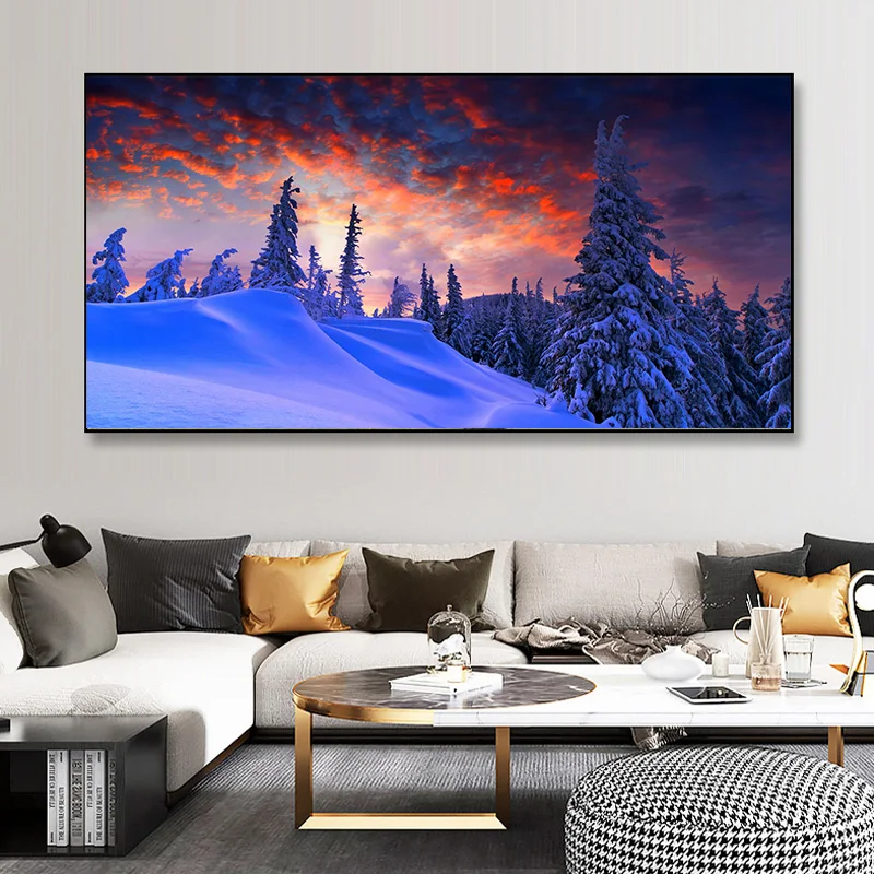 Landscape Fir Tree Snow Winter Canvas Painting Sunset Red Cloud Posters and Prints Wall Art Living Room Home Decor No Frame