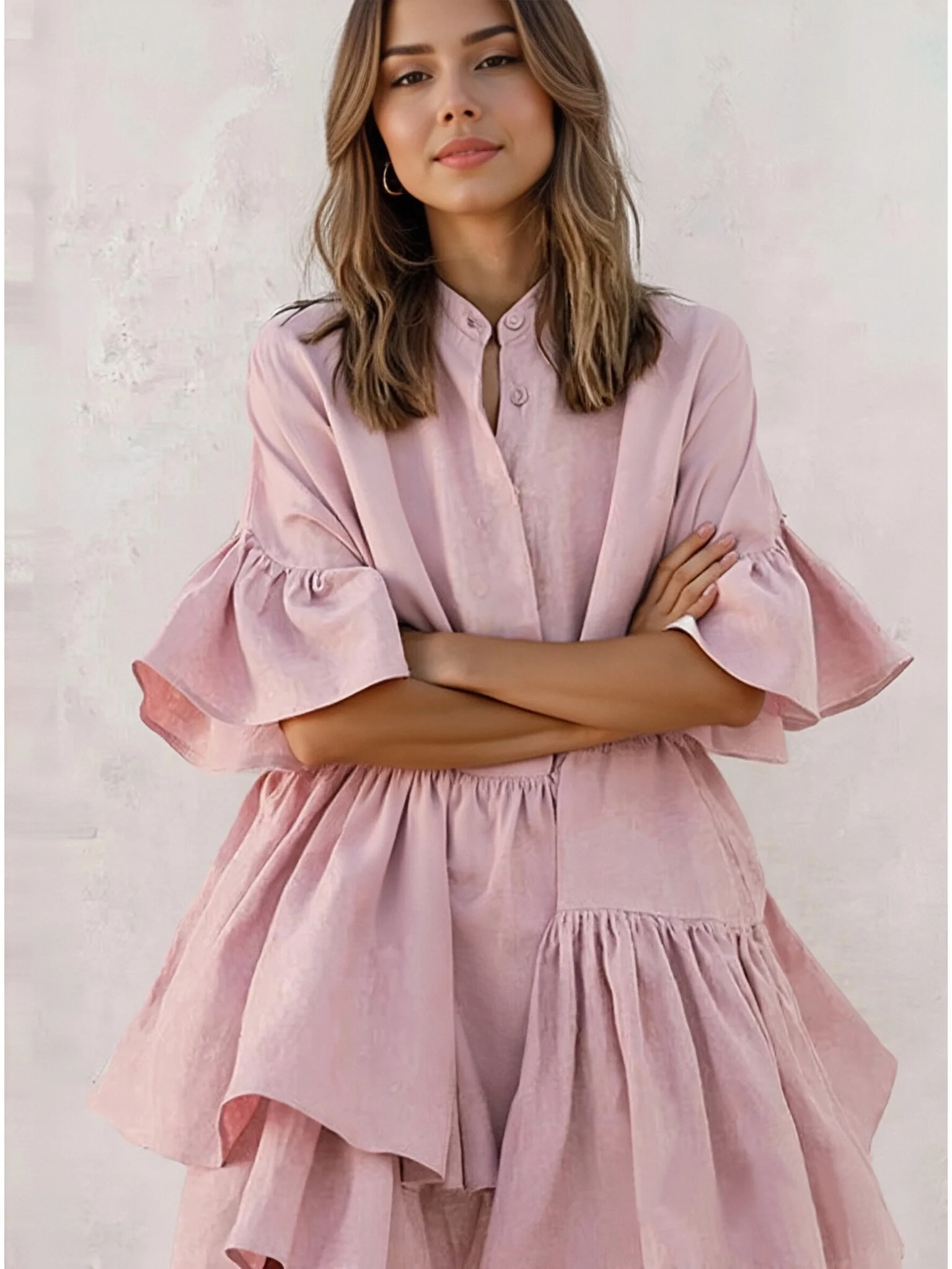 2025 verão nova cor pura vestido de verão sexy gravata frente cintura elástica em camadas plissado camada balão floral manga longa vestido solto