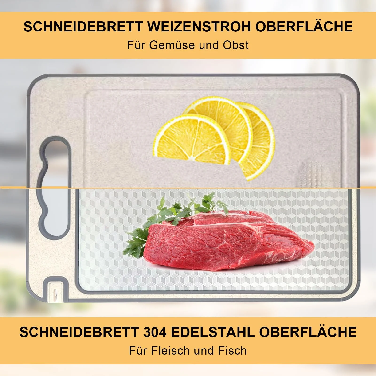 Multi functional double-sided vegetable cutting board with built-in knife sharpener, anti slip diamond texture, juice groove
