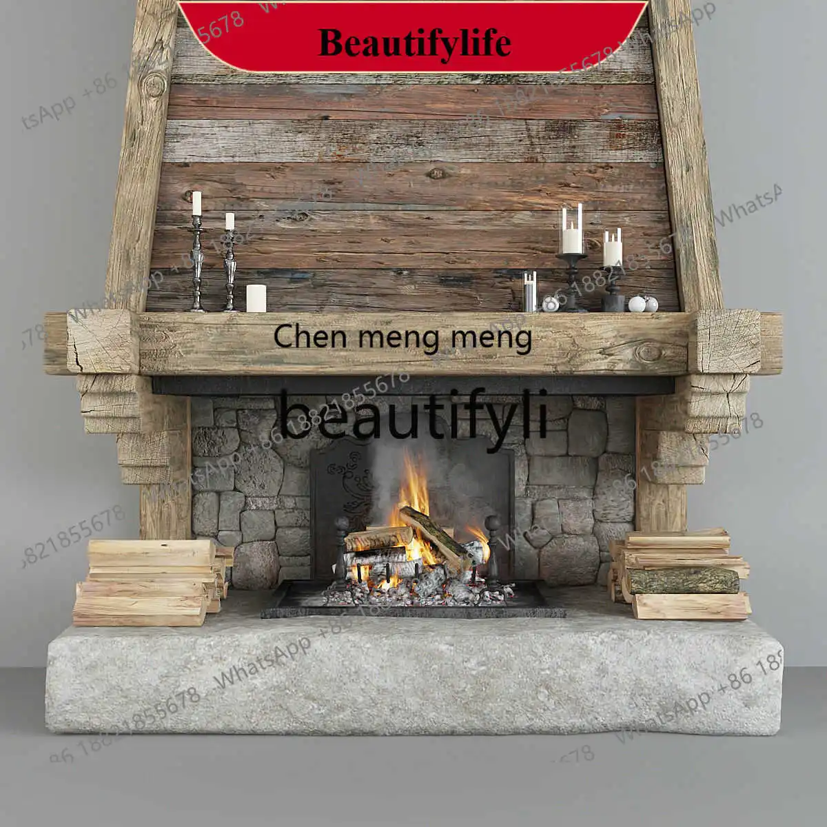 D178 European Retro Fireplace French Classic Rustic Storage Rack Decorative Cabinet American Thick Wood Fireplace Rack