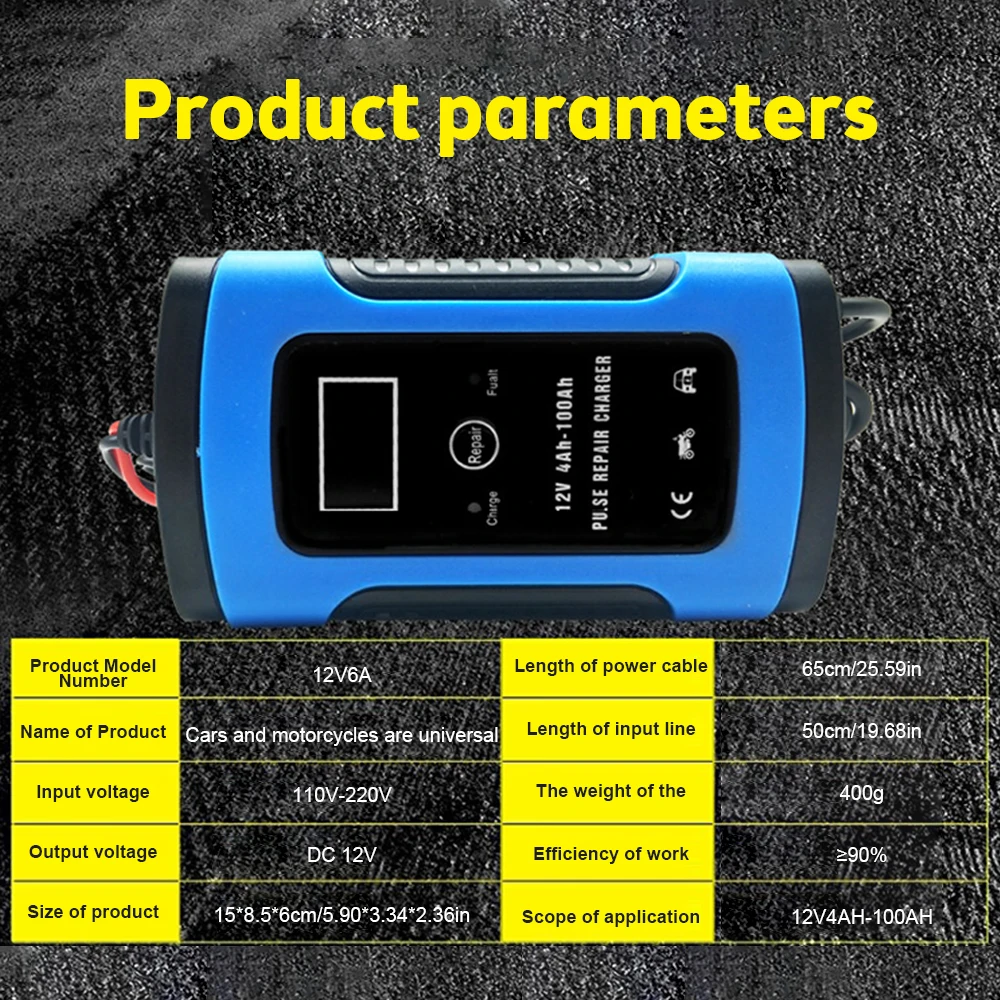 Full Automatic Car Battery Charger 110V to 220V To 12V 6A Intelligent Fast Power Charging Wet Dry Lead Acid Digital LCD Display