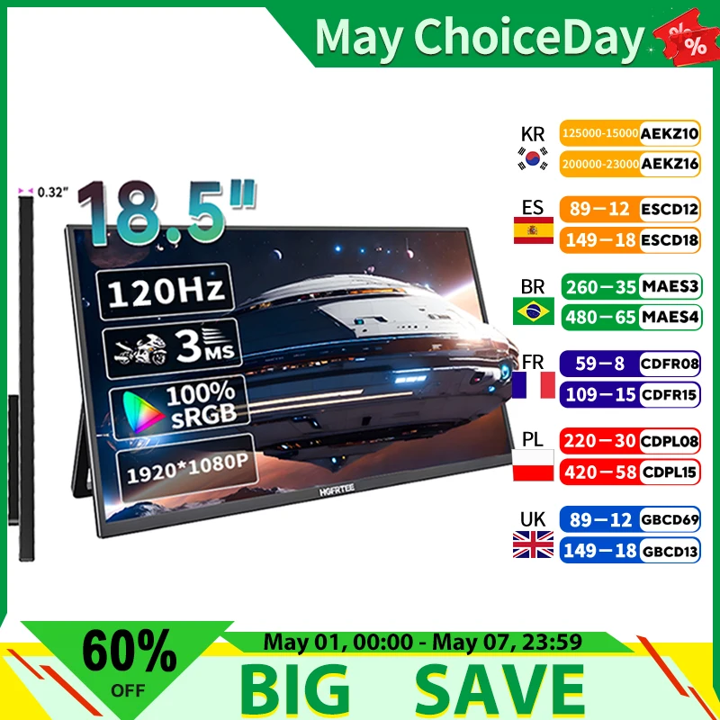 

HGFRTEE Portable Monitor 18.5 Inch Computer Gaming Display 100Hz 100% sRGB FHD 1080P Screen for Laptop Holiday Gift PC PS4/PS5