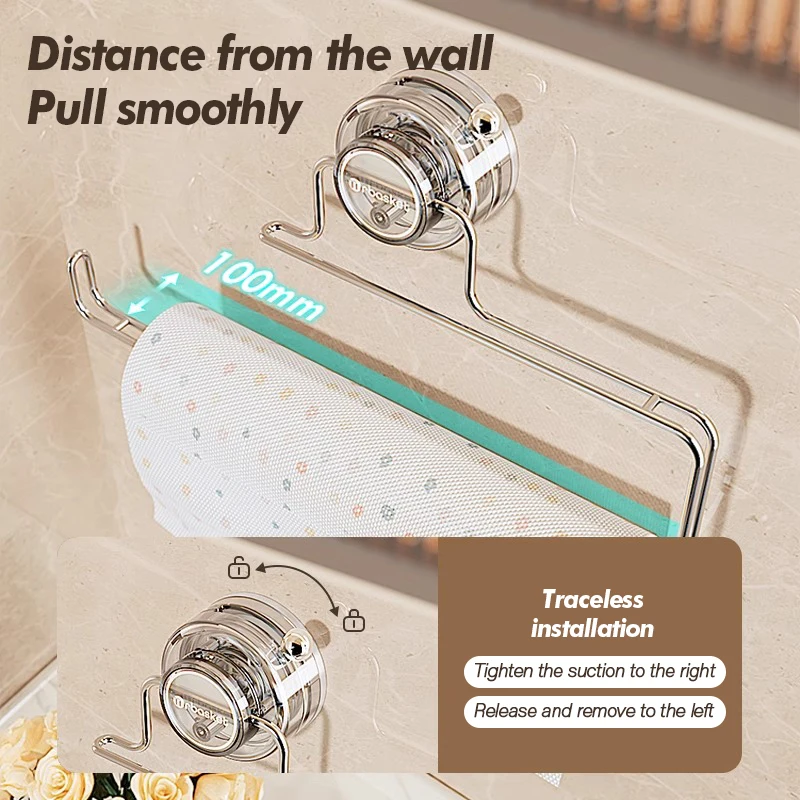 Bathroom Storage Rack With Strong Suction Cup No Punching Wall Mounted Bathroom Kitchen Tissue Holder For Multi Scene Storage