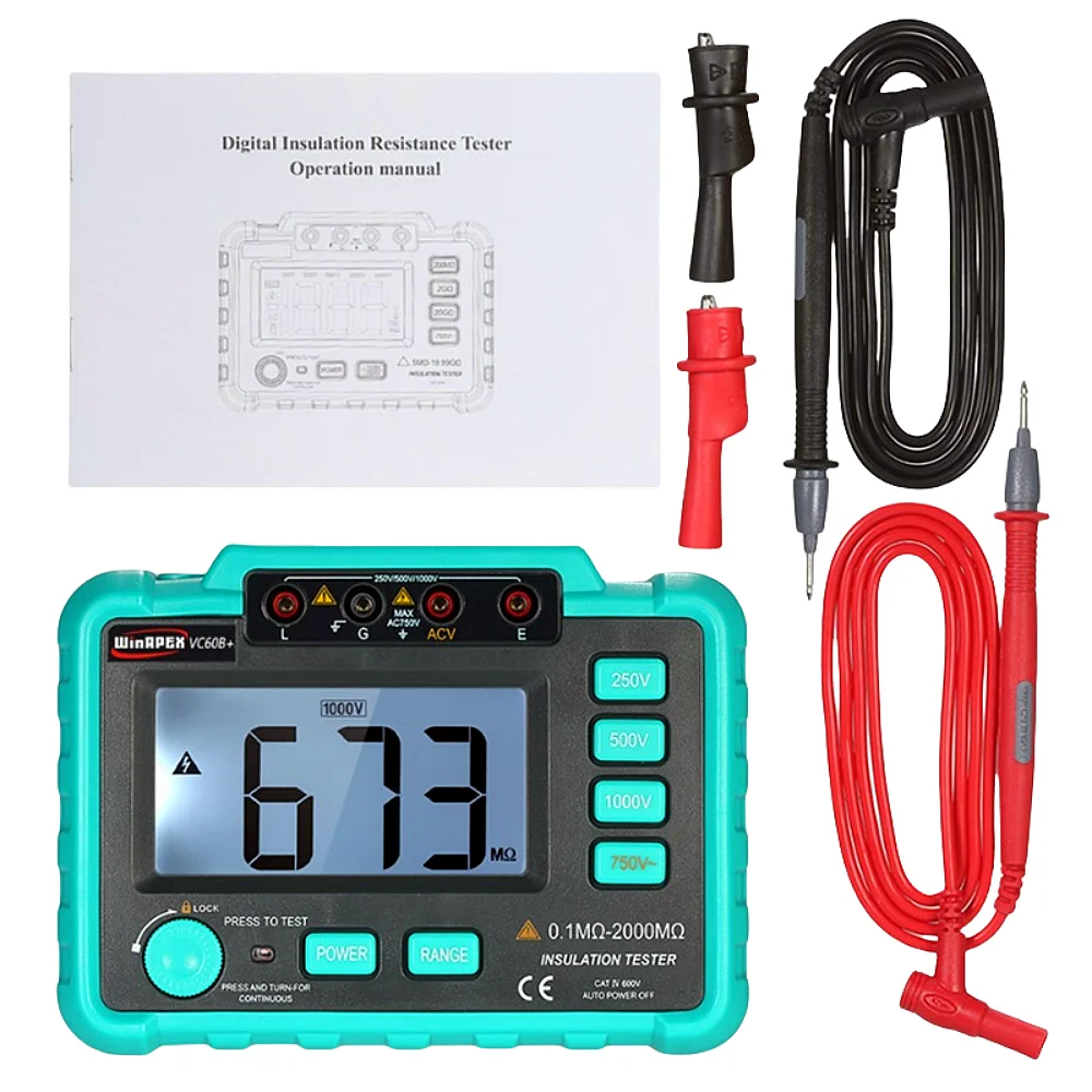 VC60B+ Digital Megohmmeter 250V/500V/1000V High Voltage Insulation Tester with Short Circuit Input Alarm 0.1MΩ to 2000MΩ Range