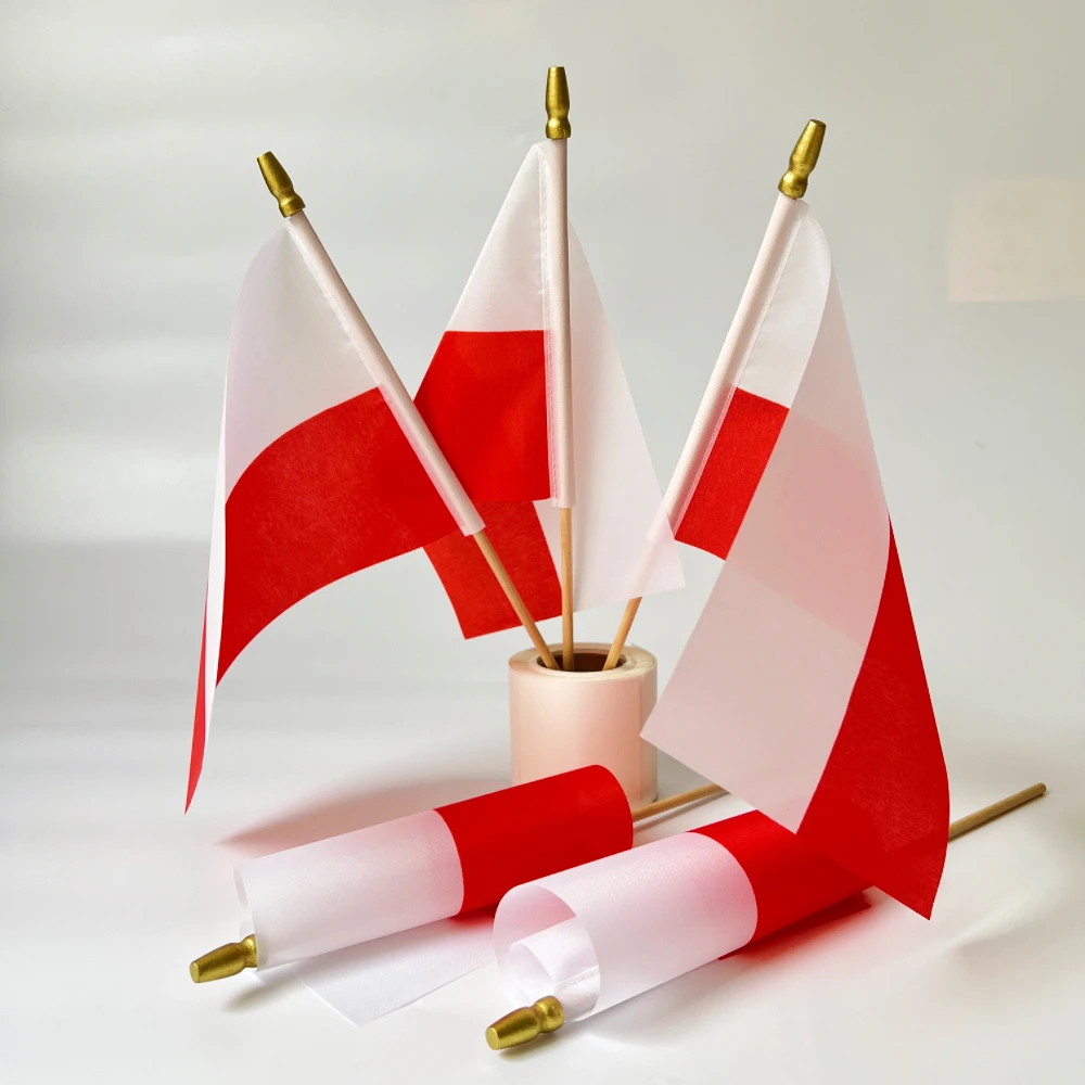 Bandera de mano con bandera de Polonia, 14x21cm, 5/10 Uds., mástil de bandera de madera, utilizado para desparadas navideñas