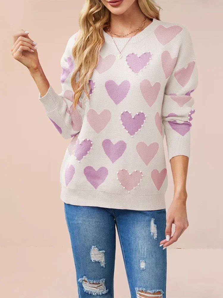 

Бутик, Новое поступление, пуловер с жемчужным сердечком на день Святого Валентина, пуловер с круглым вырезом, бусины ручной работы, вязаный свитер с заниженными плечами, женский