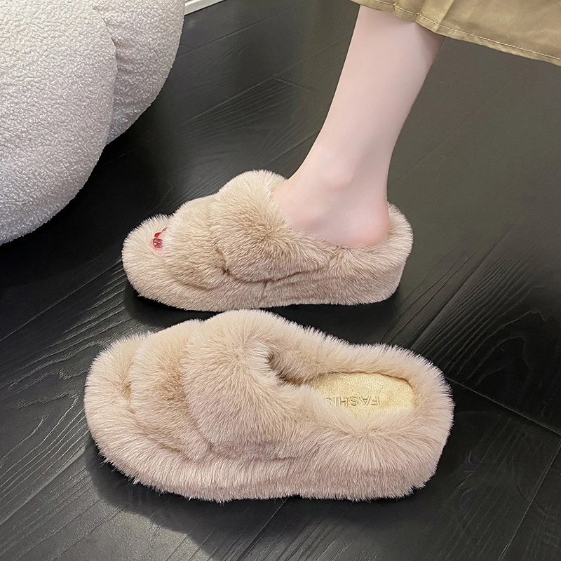 Woman Furry Ladies Fur Luxury Fluffy Plush Slipper House Soft Fuzzy Platform Indoor Casual Winter Home Warm High Heels Female