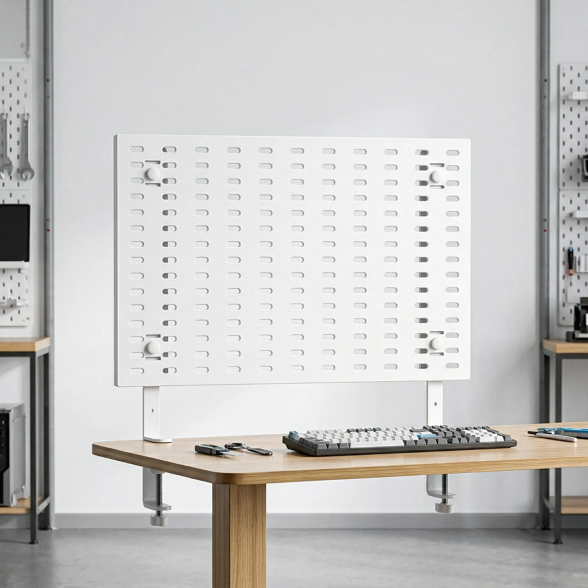 

Набор из 2 регулируемых настольных подставок для перфорированных панелей, белые, с регулировкой высоты, органайзеры для дома, офиса, мастерской, инструментов и аксессуаров