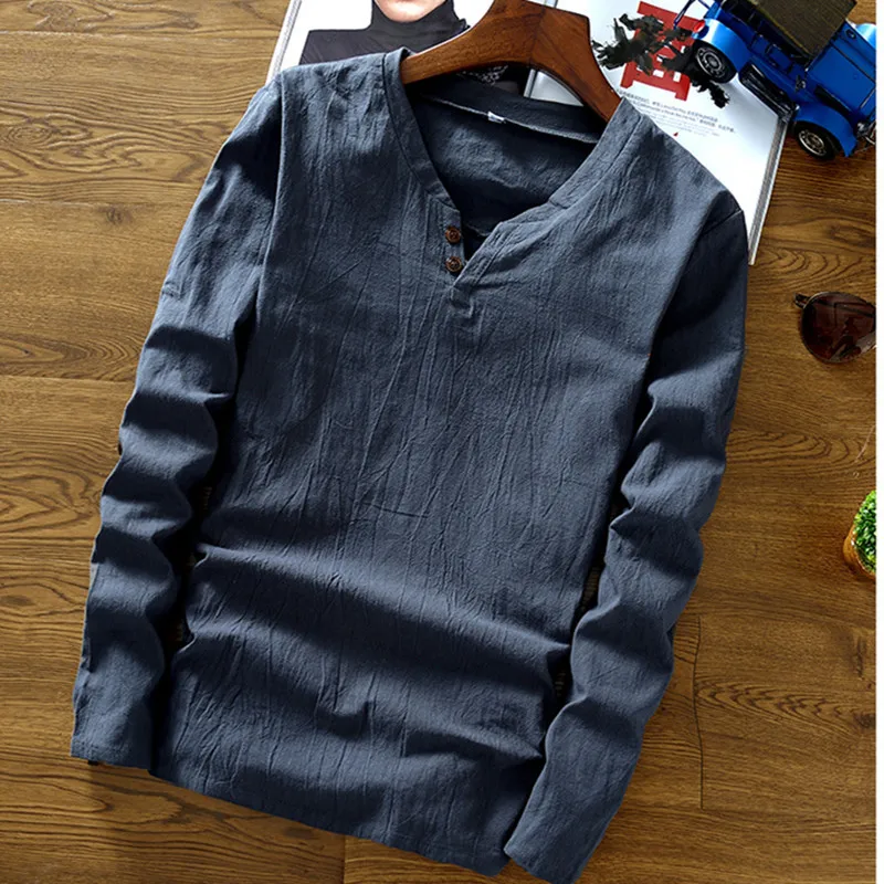 Linen Shirts Solid Basic Long Sleeve T Shirt Men Spring New Crew Neck T-shirts Fashion Male Tops Tee Plus Size M-4XL 7XL blusas