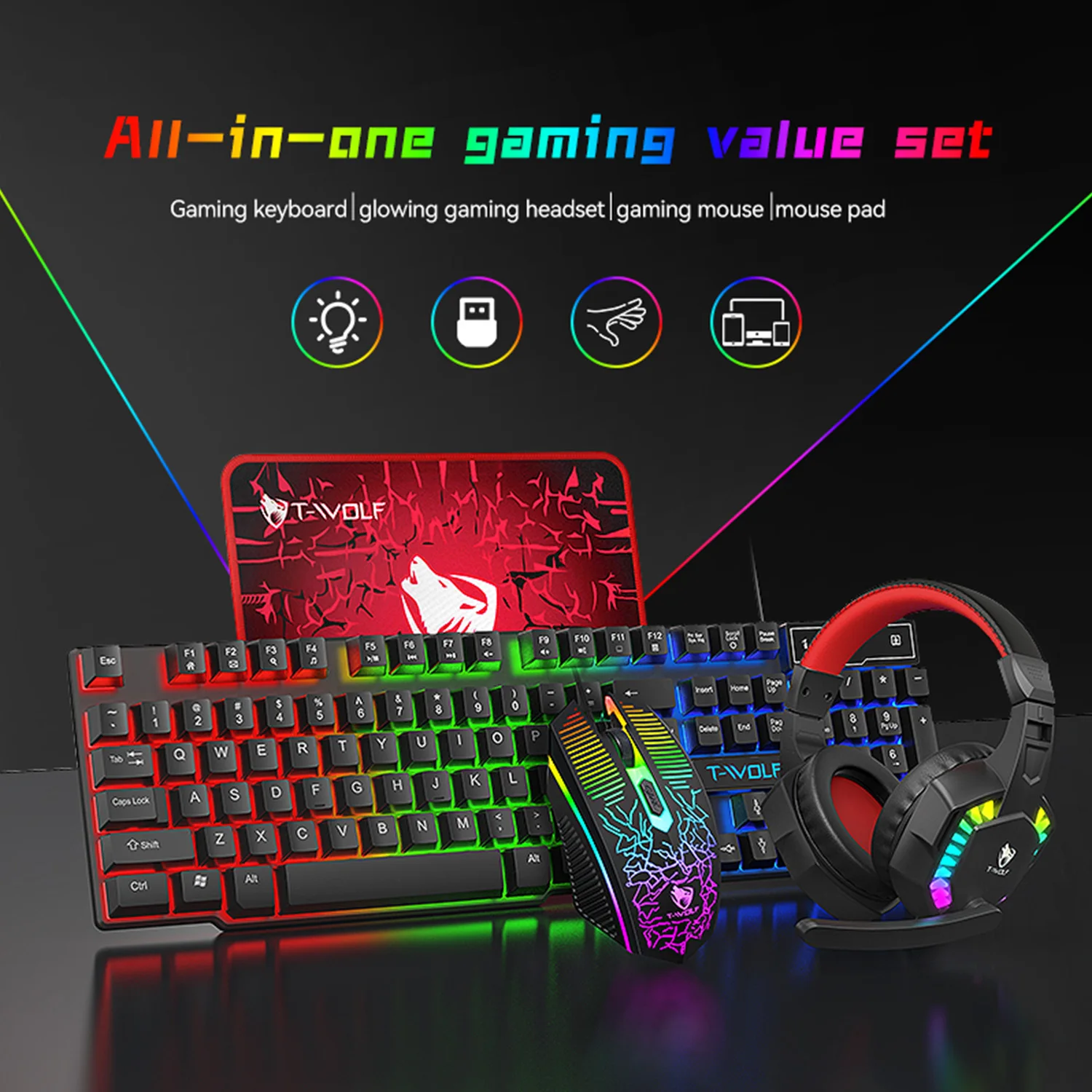 

NEW USB Keyboard And Mouse Gaming Headset Combos 4 In 1 English Gaming Wired Keyboard Mouse Set With Mouse Pad and Headphones