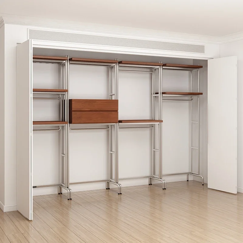 Open style wardrobe, Nordic wrought iron frame, metal cloakroom, storage rack, walk-in clothes rack